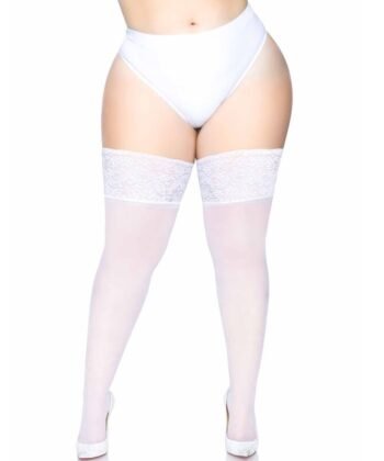 LEG AVENUE - MEDIAS AUTOADHESIVAS CON ENCAJE ANCHO COLOR BLANCO TALLA PLUS