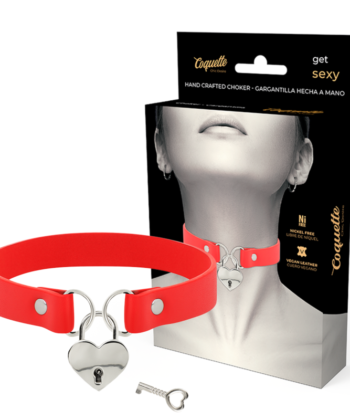 COQUETTE CHIC DESIRE - COLAR DE COURO VEGANO VERMELHO COM ACESSÓRIO DE CORAO COM CHAVE