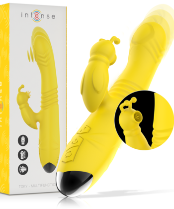INTENSE - VIBRADOR MULTIFUNO TOKY PARA CIMA E PARA BAIXO COM ESTIMULADOR CLITÓRICO AMARELO