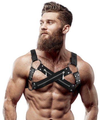 FETISH SUBMISSIVE ATTITUDE - ARNÊS DE BULLDOG DE PEITO CRUZADO DE NEOPRENE AJUSTVEL COM ZÍPERES PARA HOMENS