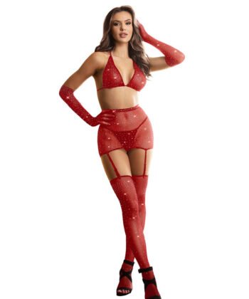 SUBBLIME - 952181 BODYSTOCKING DE REDE COM LUVAS E DIAMANTES VERMELHO TAMANHO ÚNICO