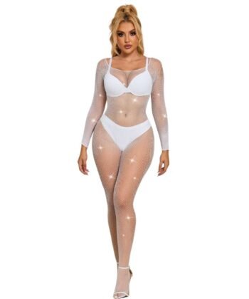 SUBBLIME - 952396 BODYSTOCKING DE REDE COM DIAMANTES MANGA COMPRIDA BRANCO TAMANHO ÚNICO