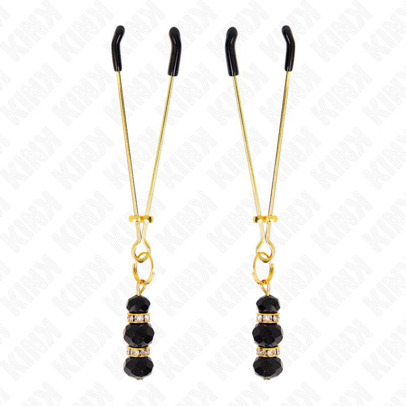 KINK - PINÇAS FINAS DOURADAS COM 3 CONTAS DE VIDRO PRETAS 7 CM - Image 5