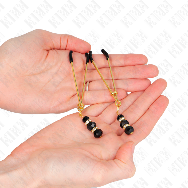 KINK - PINÇAS FINAS DOURADAS COM 3 CONTAS DE VIDRO PRETAS 7 CM - Image 2