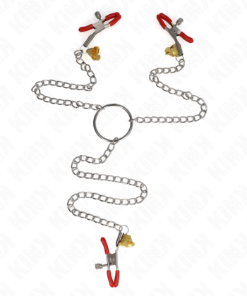 KINK - BELL TRIPLE NIPPLE AND CLIT CAMPS VERMELHO COM CORRENTE 30 CM
