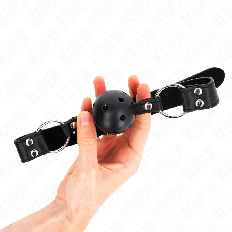 KINK - BOLA RESPIRÁVEL 4 CM MORDAÇA COM REBITE DUPLO MODELO 1 PRETO 62,5 x 2,5 CM AJUSTÁVEL 42-58 CM - Imagem 4