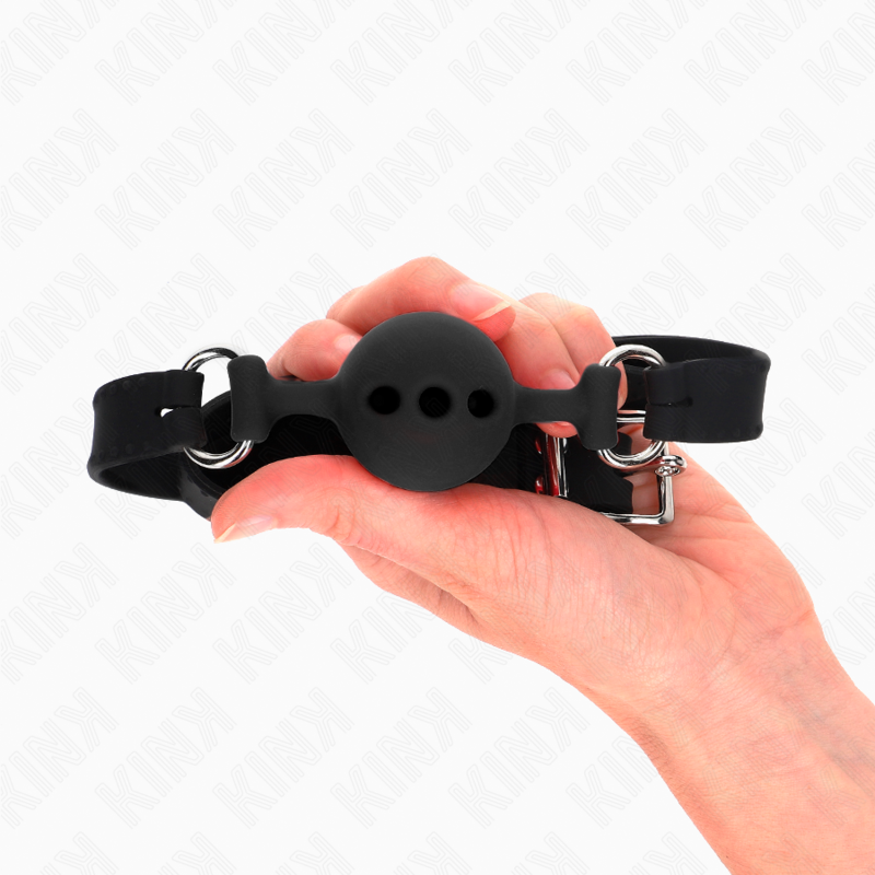 KINK - MORDAÇA COMPLETA DE SILICONE 55 x 2 CM COM BOLA DE 4 CM TAMANHO S PRETO AJUSTÁVEL 35-51 CM - Imagem 4