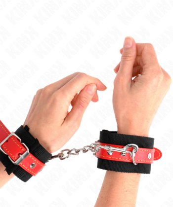 KINK - PUNHOS DE NYLON PRETO COM COURO VERMELHO AJUSTÁVEIS 19-24 CM X 5,5 CM