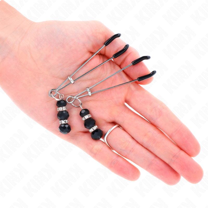 KINK - PINÇAS FINAS DOURADAS COM 3 CONTAS DE VIDRO PRETAS 7 CM - Imagem 4