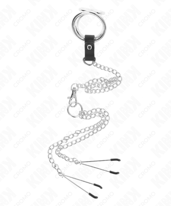 Visão alternativa de KINK - ANEL DE PÊNIS DE METAL TRIPLO CROMADO DE 3 CM A 4,5 CM COM CORRENTE DE METAL DE 26 CM E CLIPES DE MAMILO