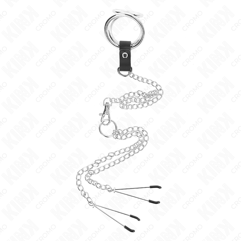 KINK - ANEL DE PÊNIS DE METAL TRIPLO CROMADO DE 3 CM A 4,5 CM COM CORRENTE DE METAL DE 26 CM E CLIPES DE MAMILO - Imagem 2