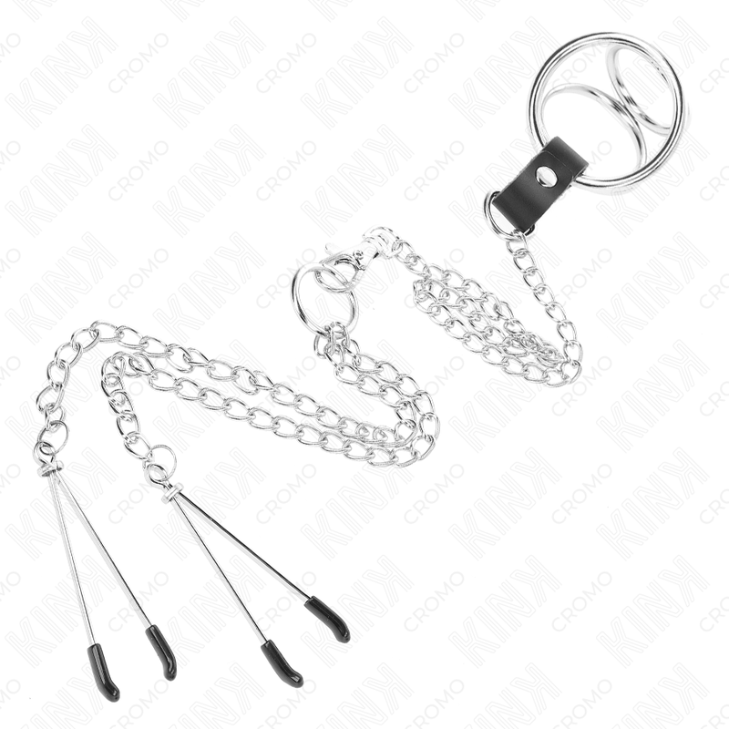 KINK - ANEL DE PÊNIS DE METAL TRIPLO CROMADO DE 3 CM A 4,5 CM COM CORRENTE DE METAL DE 26 CM E CLIPES DE MAMILO - Imagem 3