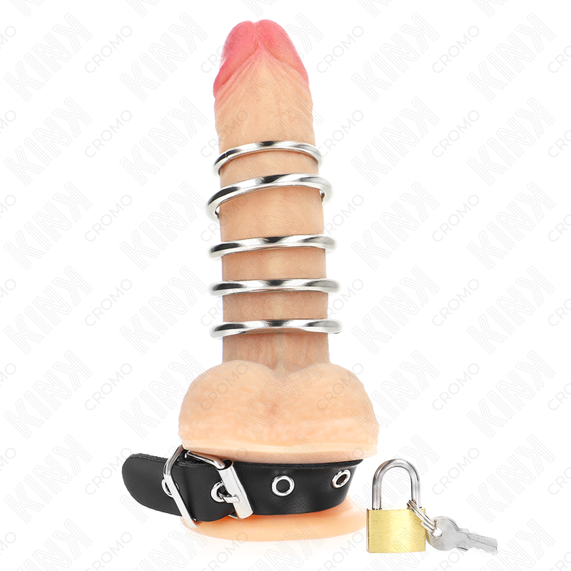 KINK - ANEL DE COURO PARA O PÊNIS COM TIRA DE TRAVA 21 X 2 CM E 5 ANÉIS DE METAL DE 3 CM A 4 CM - Imagem 3