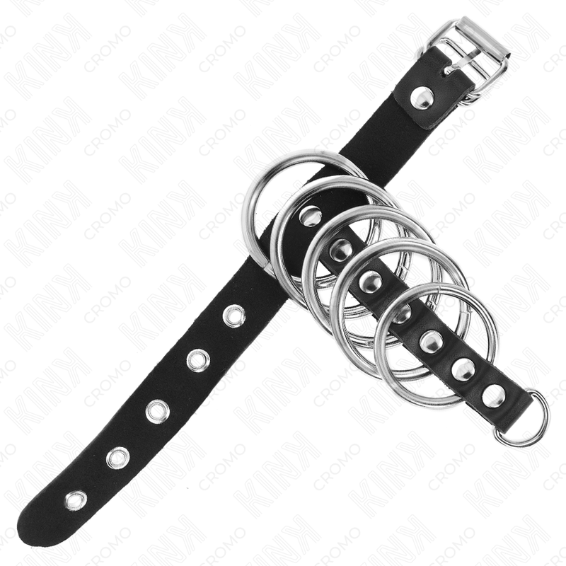 KINK - ANEL DE COURO PARA O PÊNIS COM TIRA DE TRAVA 21 X 2 CM E 5 ANÉIS DE METAL DE 3 CM A 4 CM - Imagem 4