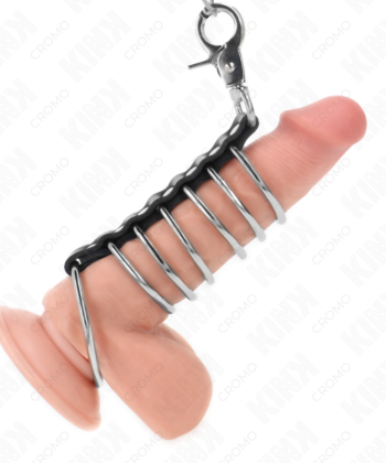 KINK - 7 ANÉIS DE METAL DE 3,8 CM A 5 CM CONECTADOS COM COURO E CORRENTE DE METAL 100 CM