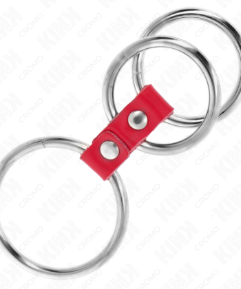 Visão alternativa de KINK - ANEL DE PÊNIS TRIPLO DE METAL DE 3,7 CM A 5 CM CONECTADO COM COURO VERMELHO