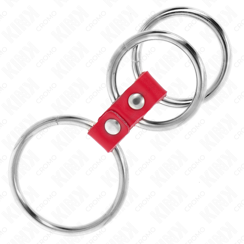 KINK - ANEL DE PÊNIS TRIPLO DE METAL DE 3,7 CM A 5 CM CONECTADO COM COURO VERMELHO - Image 2
