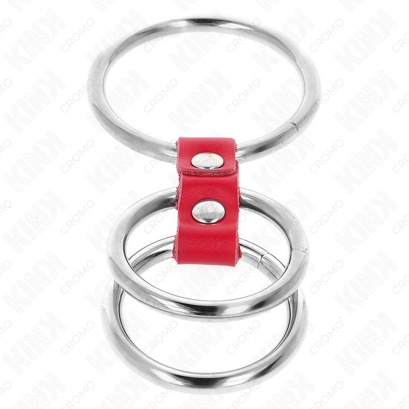 KINK - ANEL DE PÊNIS TRIPLO DE METAL DE 3,7 CM A 5 CM CONECTADO COM COURO VERMELHO - Image 3