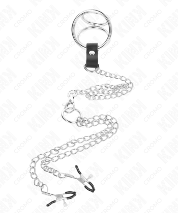 Visão alternativa de KINK - ANEL DE PÊNIS TRIPLO DE METAL CROMADO DE 3,8 CM A 5 CM COM CORRENTE DE METAL DE 26 CM E GRAMPOS DE MAMILOS MODELO 1
