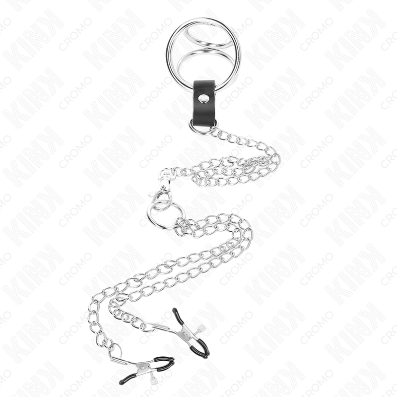 KINK - ANEL DE PÊNIS DE METAL TRIPLO CROMADO DE 3 CM A 4,5 CM COM CORRENTE DE METAL DE 26 CM E CLIPES DE MAMILO - Image 5