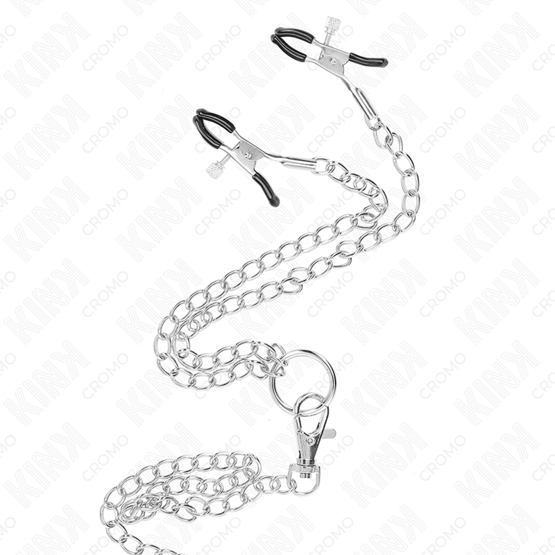 KINK - ANEL DE PÊNIS DE METAL TRIPLO CROMADO DE 3 CM A 4,5 CM COM CORRENTE DE METAL DE 26 CM E CLIPES DE MAMILO - Image 2
