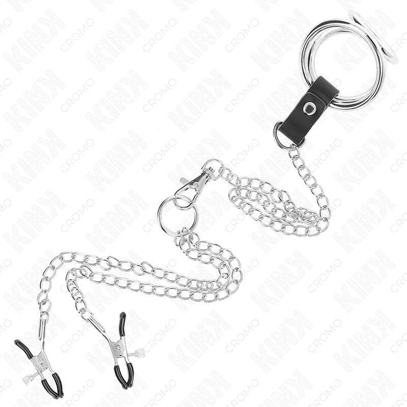 KINK - ANEL DE PÊNIS DE METAL TRIPLO CROMADO DE 3 CM A 4,5 CM COM CORRENTE DE METAL DE 26 CM E CLIPES DE MAMILO - Image 4