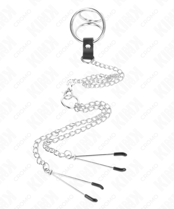 Visão alternativa de KINK - ANEL DE PÊNIS TRIPLO DE METAL CROMADO DE 3,8 CM A 5 CM COM CORRENTE DE METAL DE 26 CM E GRAMPOS DE MAMILOS MODELO 2