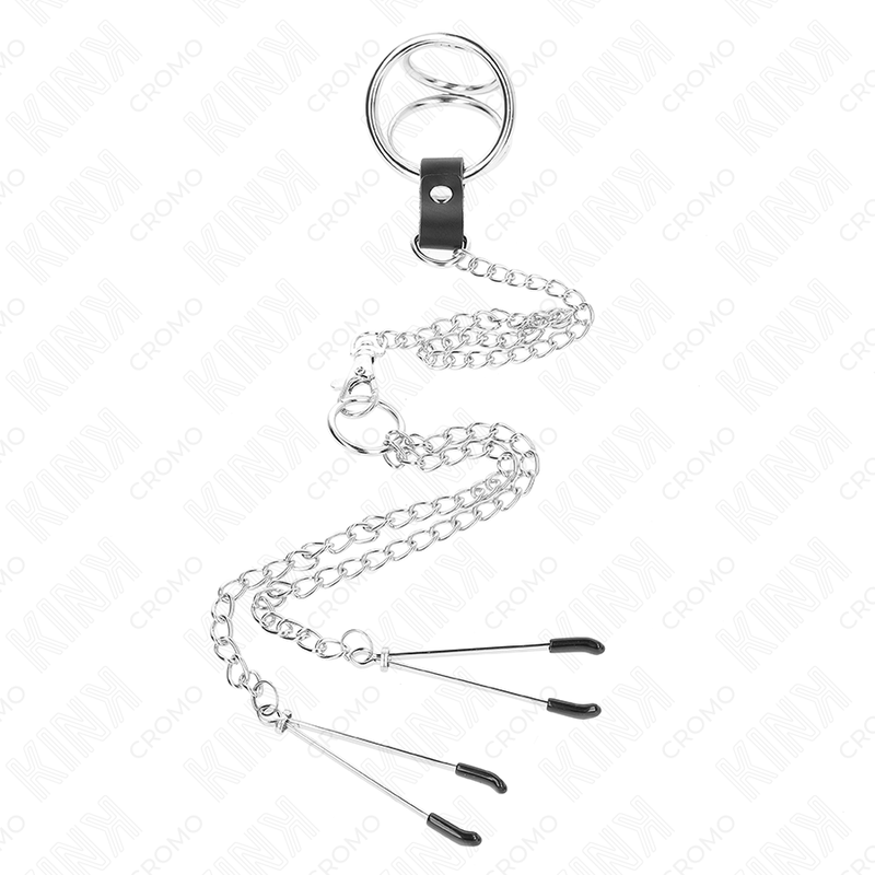 KINK - ANEL DE PÊNIS TRIPLO DE METAL CROMADO DE 3,8 CM A 5 CM COM CORRENTE DE METAL DE 26 CM E GRAMPOS DE MAMILOS MODELO 2 - Image 2