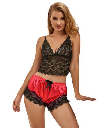 SUBBLIME - 953959 CAMISOLA DE SEDA CASUAL + CALÇA DE RENDA PRETA/VERMELHA S/M