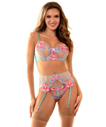 SUBBLIME - 954116 SUTIÃ + CALCINHA COM CINTO-LIGA DESIGN FLORAL AZUL L/XL