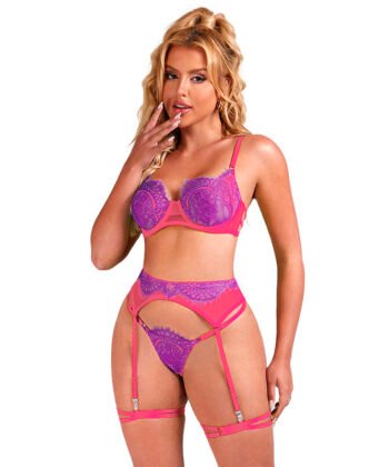 Alternative view of SUBBLIME - 955359 CONJUNTO DE SUTIÃ COM RENDA E LIGAS ROSA E ROXO S/M