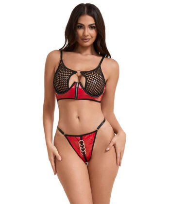 SUBBLIME - 955533 CONJUNTO DE SUTIÃ DE COURO VERMELHO COM ZÍPER DE MALHA S/M