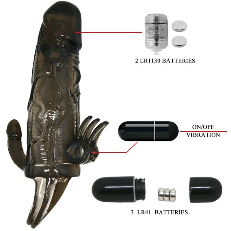BAILE - CAPA PARA PÉNIS BRAVE MAN COM ESTIMULAÇÃO CLITÓRICA E ANAL DUPLA BALA PRETA 16.5 CM - Image 4