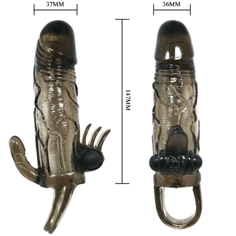 BAILE - CAPA PARA PÉNIS BRAVE MAN COM ESTIMULAÇÃO CLITÓRICA E ANAL DUPLA BALA PRETA 16.5 CM - Image 3