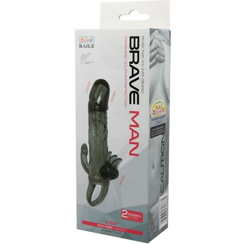 BAILE - CAPA PARA PÉNIS BRAVE MAN COM ESTIMULAÇÃO CLITÓRICA E ANAL DUPLA BALA PRETA 16.5 CM - Image 2