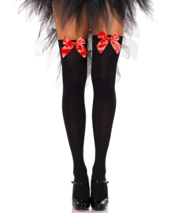 LEG AVENUE - MEDIAS ALTAS NEGRAS CON LACITO ROJO TALLA ÚNICA