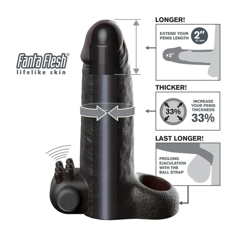 FANTASY X-TENSIONS - MANGA EXTENSORA DE PÊNIS VIBRATÓRIA COM SENSAÇÃO REALISTA DE 5CM PRETA - Imagem 2